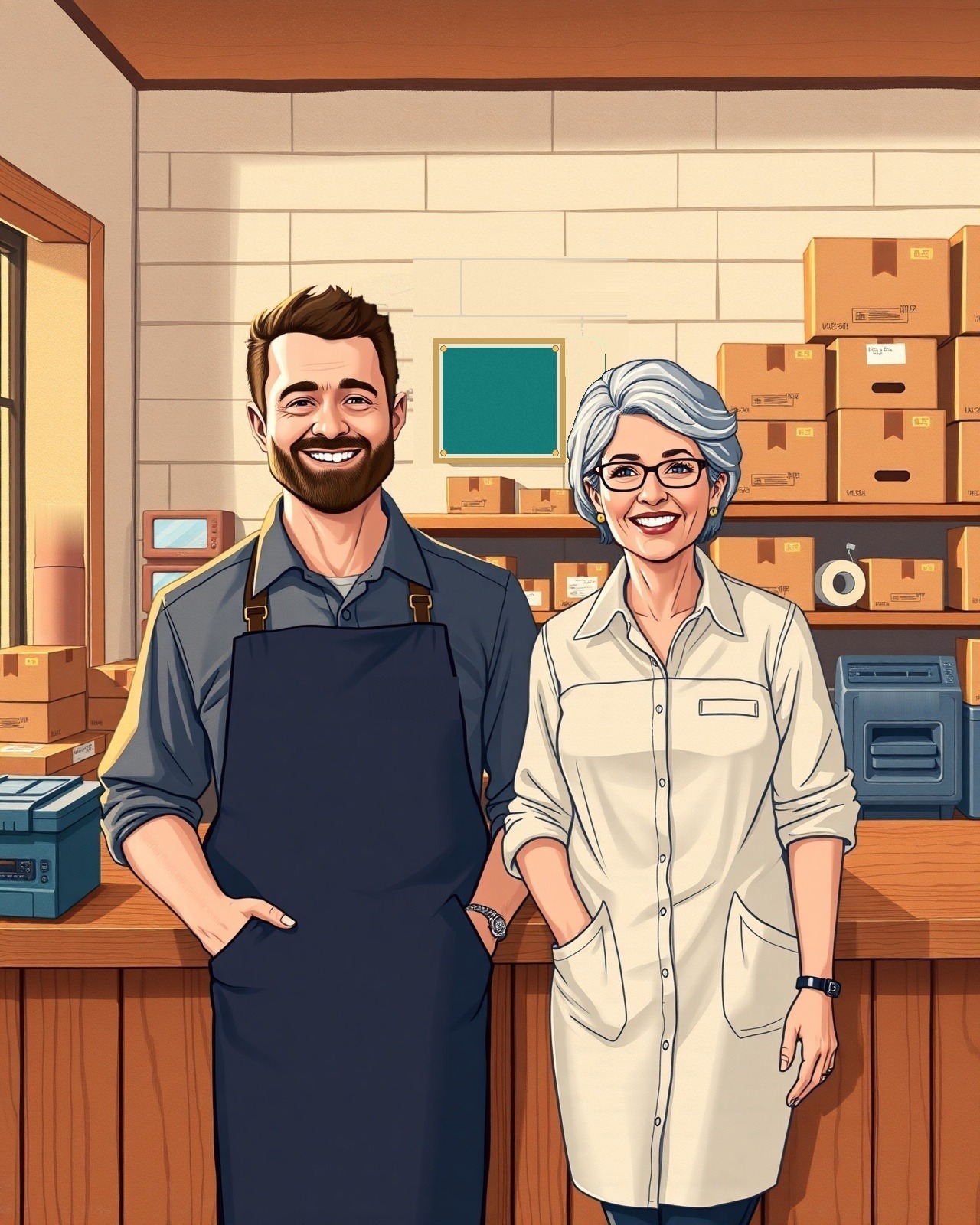 Illustrated portrait of Will and Debra, owners of PostalAnnex of Gig Harbor, smiling behind their shop counter
